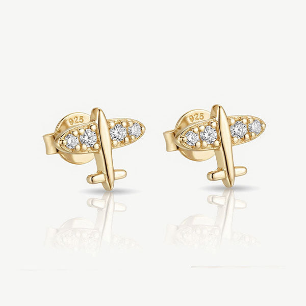 MUCHV tiny airplane earrings in gold or silver, imported from the UK