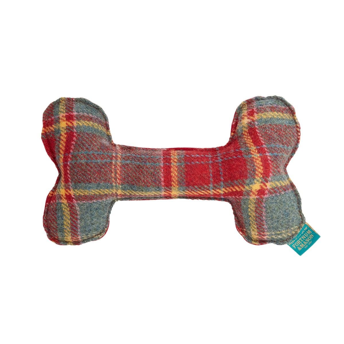Fortnum's red tartan dog bone cushion, imported from the UK