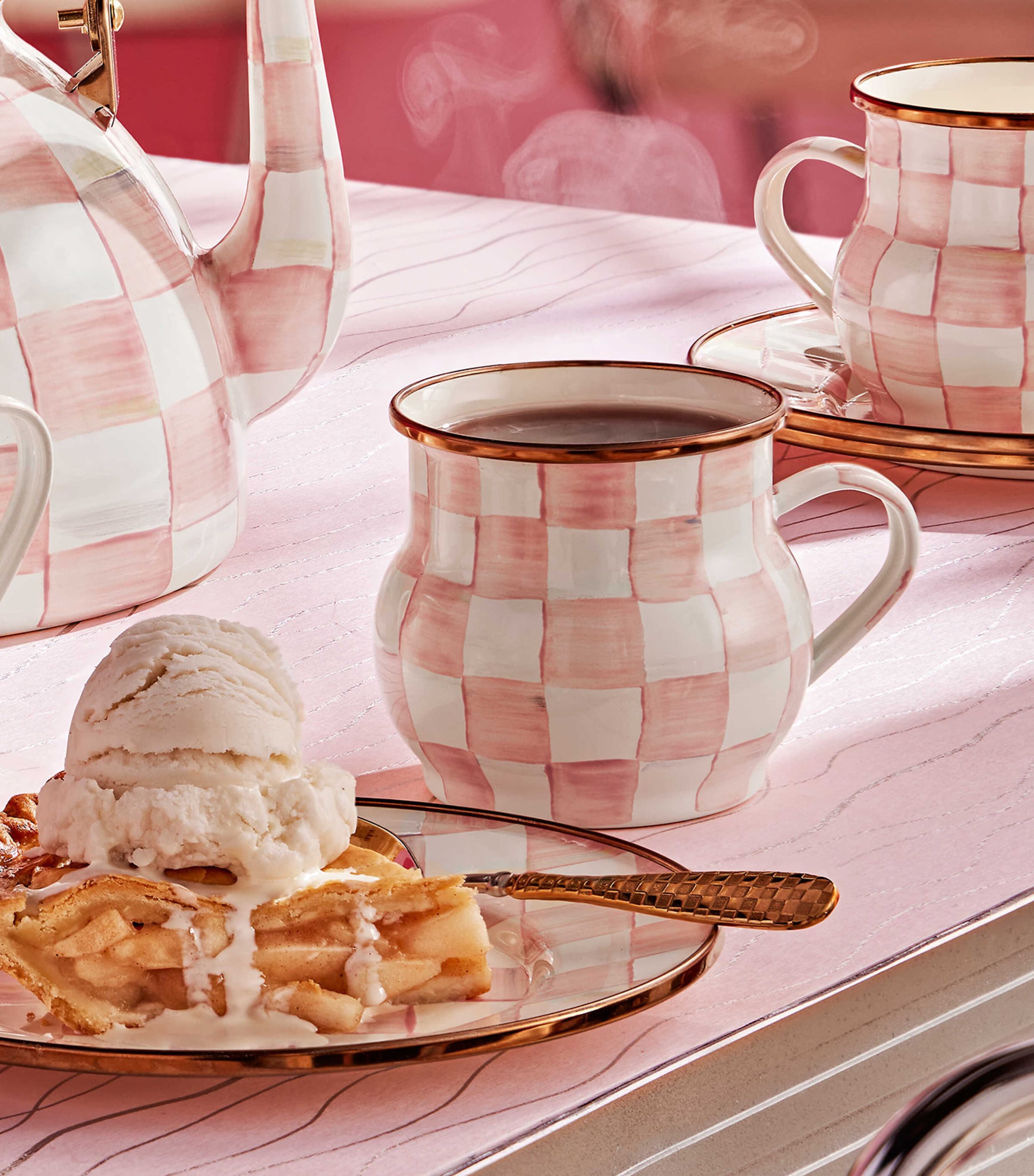 MacKenzie-Childs Rosy Check enamel mug, imported from the UK