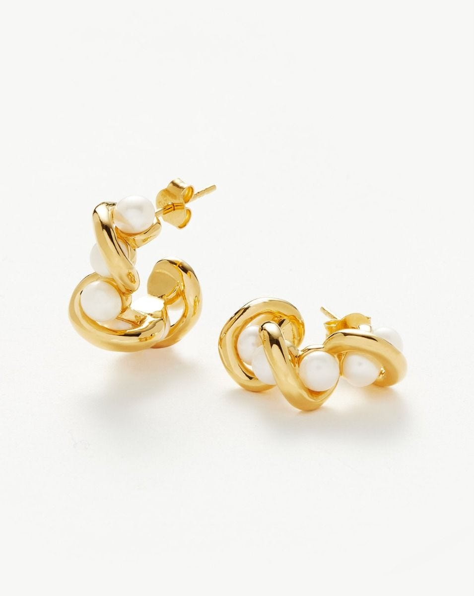 Missoma molten knot pearl hoop earrings in gold, imported from the UK