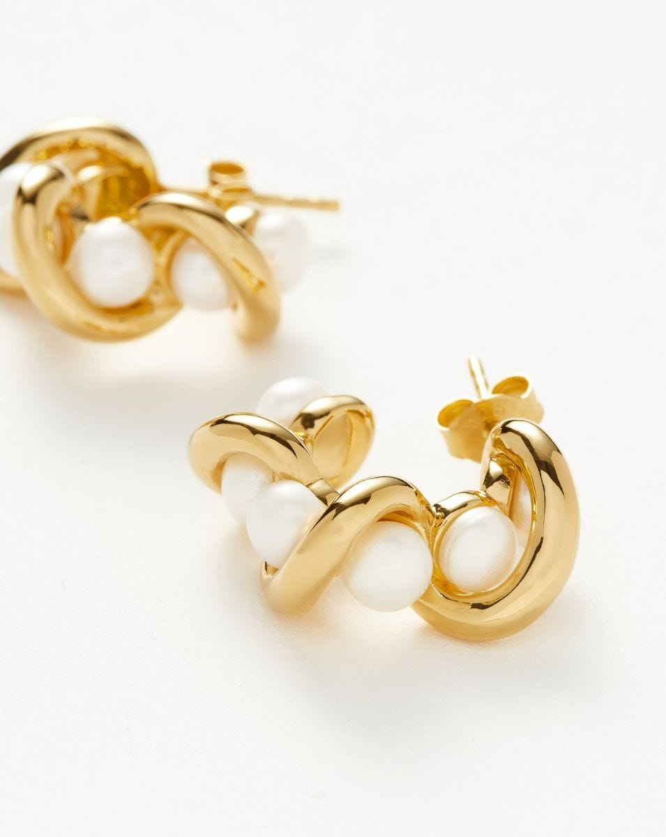 Missoma molten knot pearl hoop earrings in gold, imported from the UK