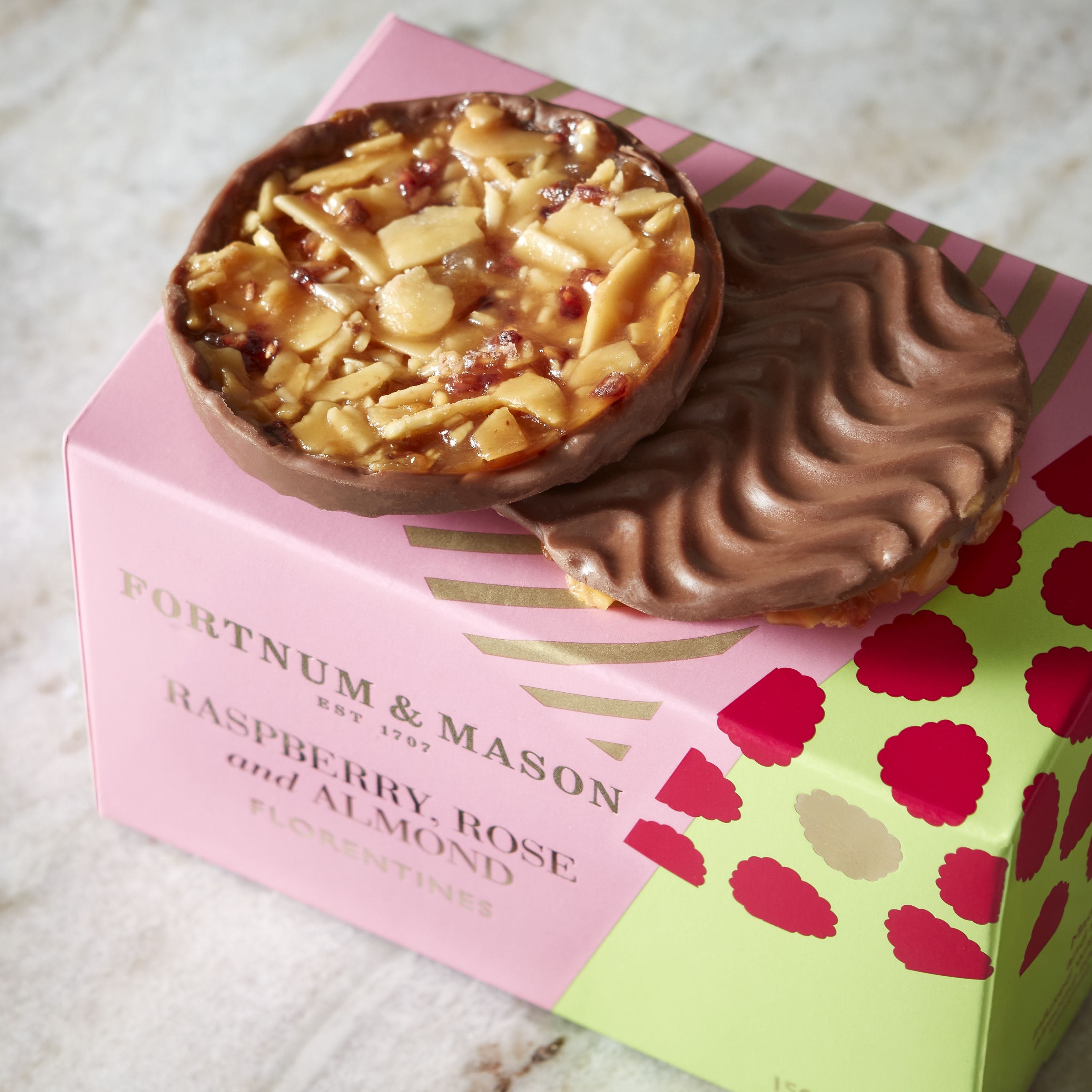 Raspberry and rose milk chocolate florentines 150g, British product
