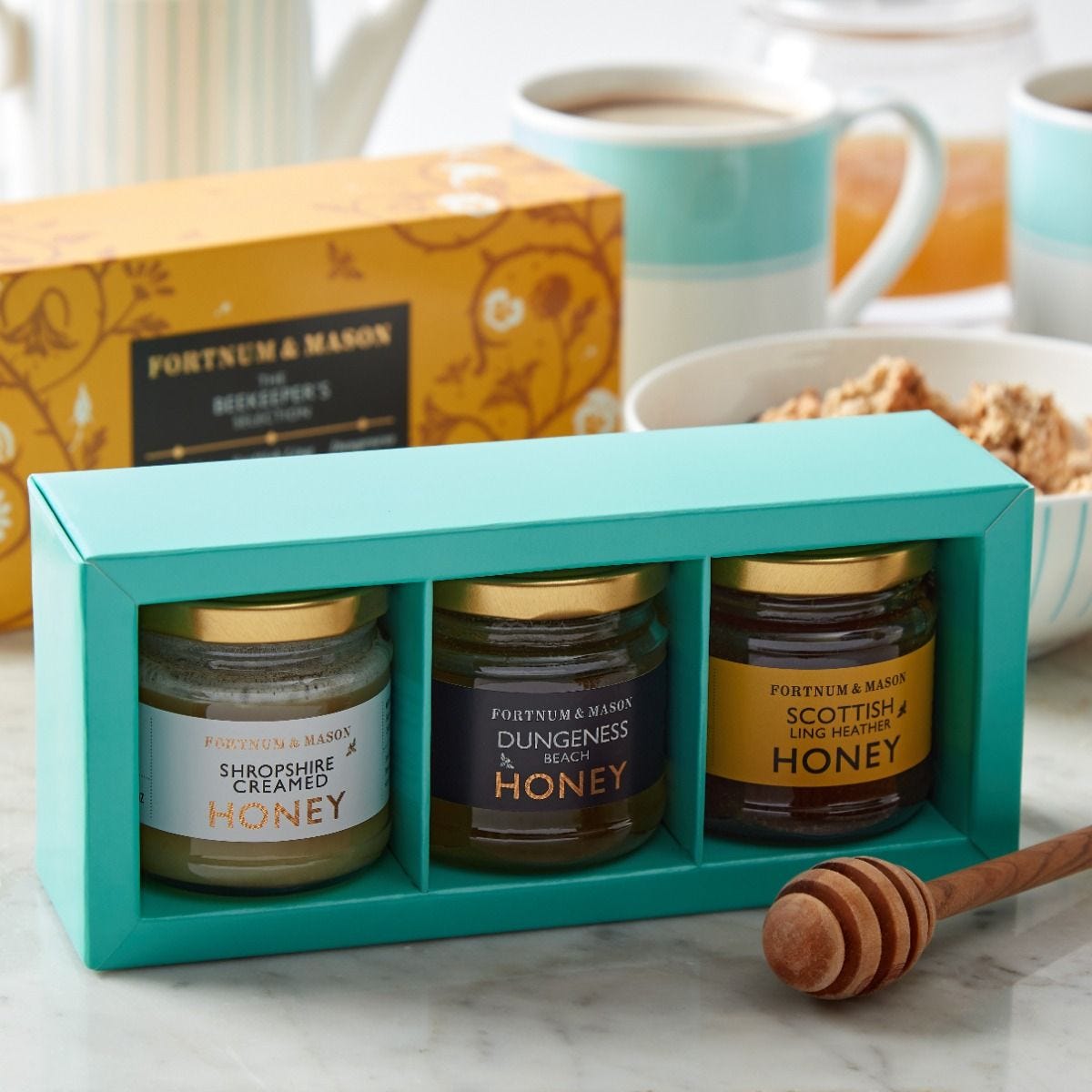 Beekeeper's honey gift pack with three 100g jars, imported from the UK