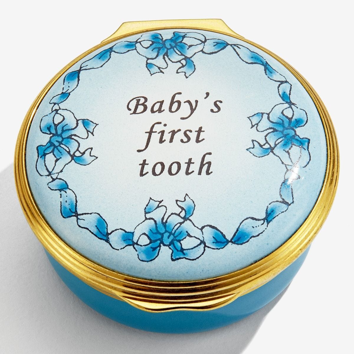 Halcyon Days baby's first tooth blue enamel box, imported from the UK