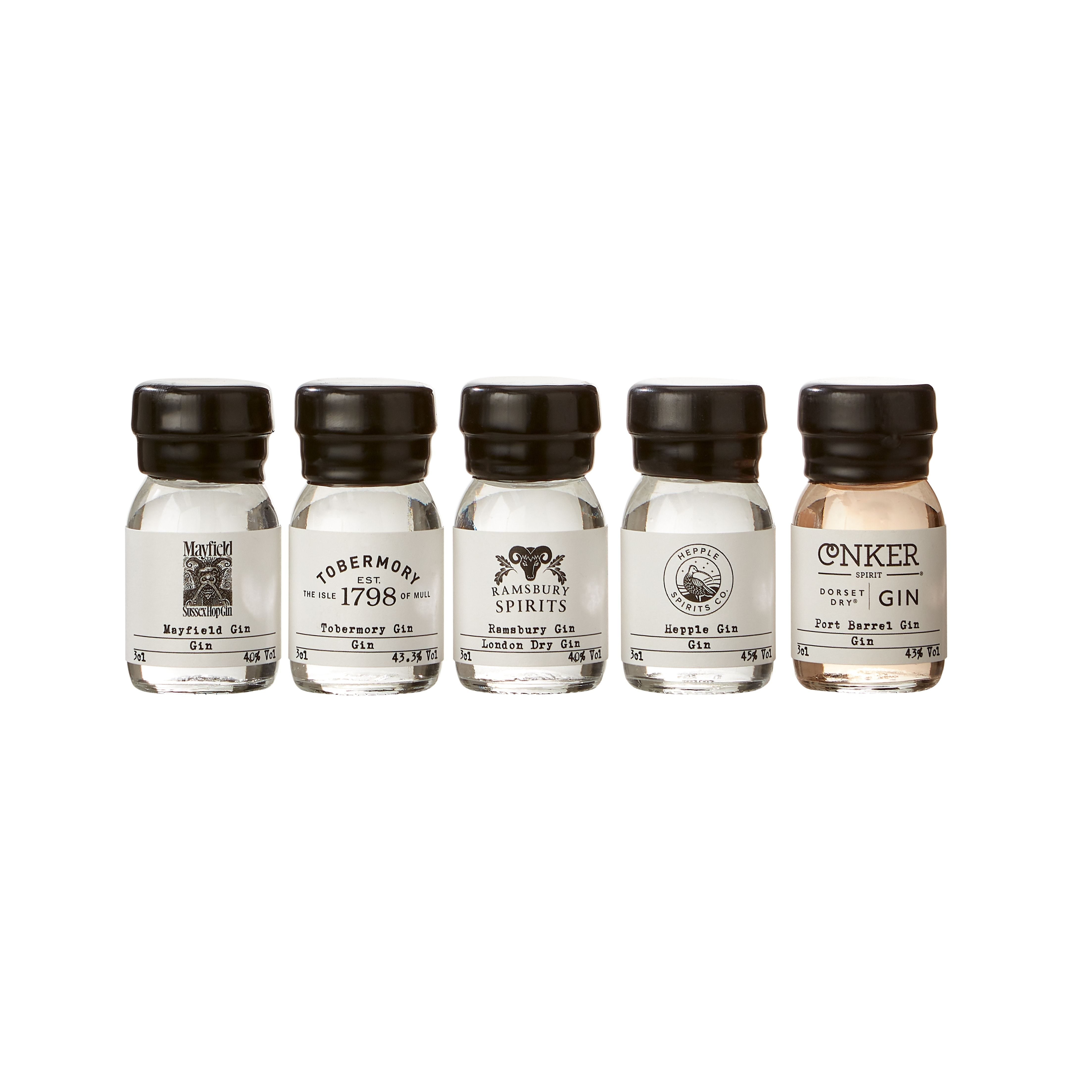 The British Craft Gin Tasting Set, five 3cl bottles, imported from the UK