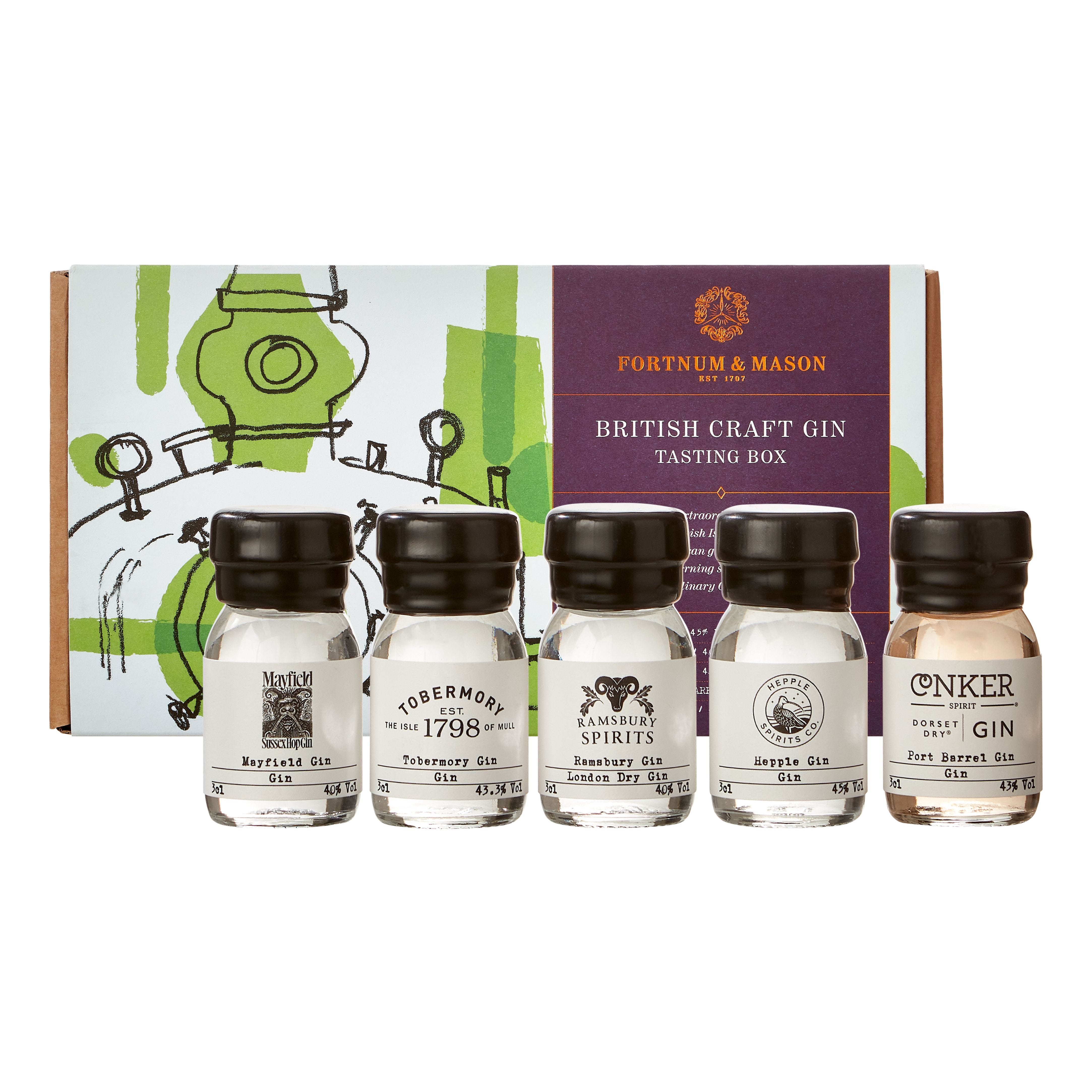 The British Craft Gin Tasting Set, five 3cl bottles, imported from the UK