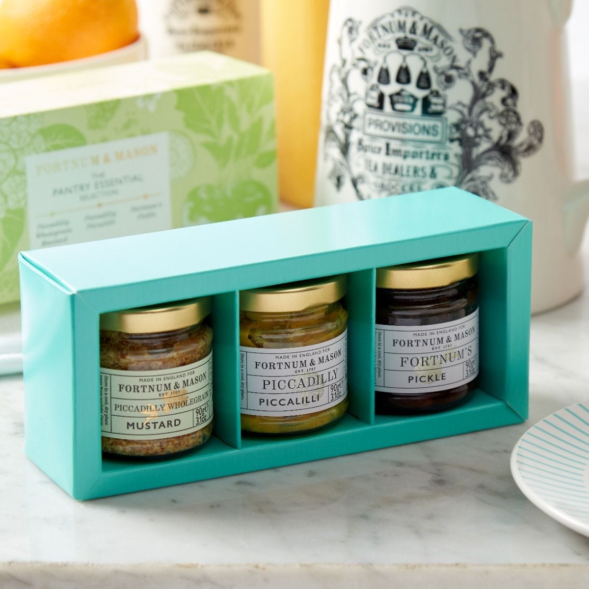 Fortnum's condiment trio with piccalilli, pickle and mustard, UK version