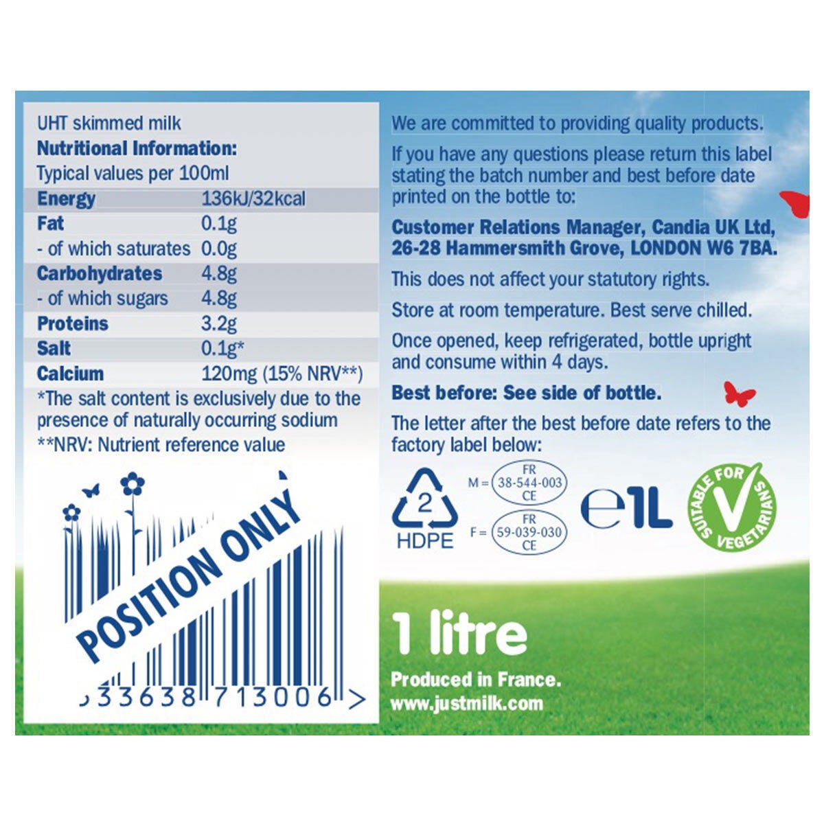 Candia UHT skimmed milk 6 x 1L - British product