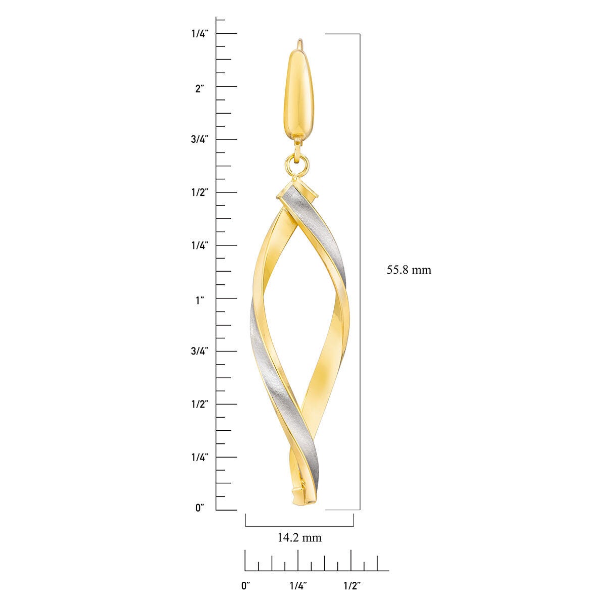 14ct two tone gold twisted dangle earrings, imported from the UK