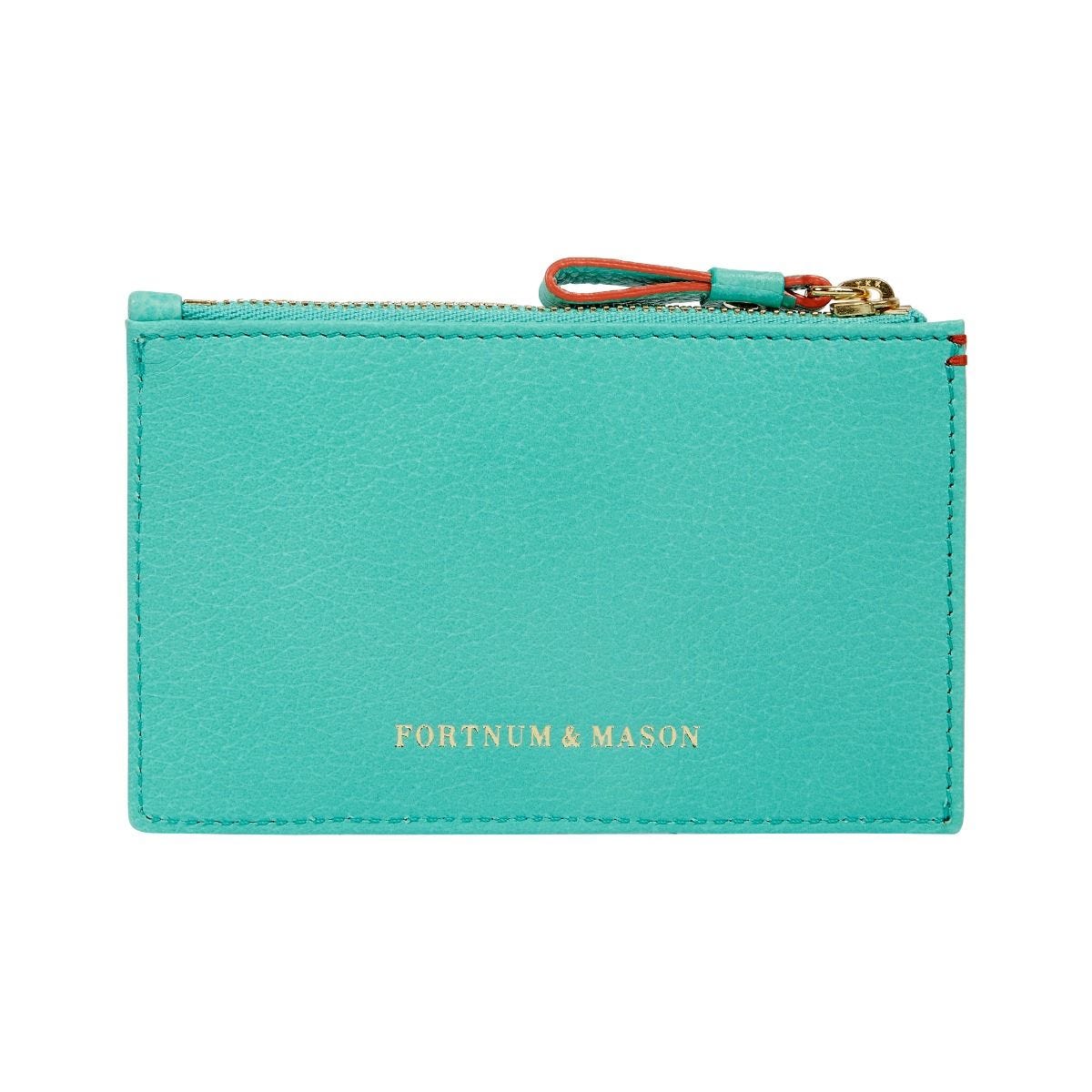 Fortnum's zip leather credit card holder in Eau de Nil (British brand)