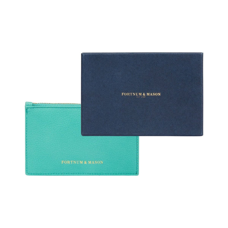 Fortnum's zip leather credit card holder in Eau de Nil (British brand)
