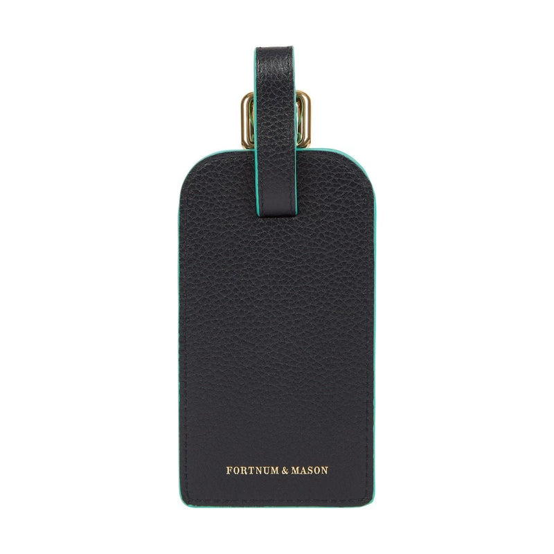 Fortnum's navy leather luggage tag, imported from the UK