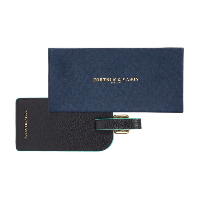 Fortnum's navy leather luggage tag, imported from the UK