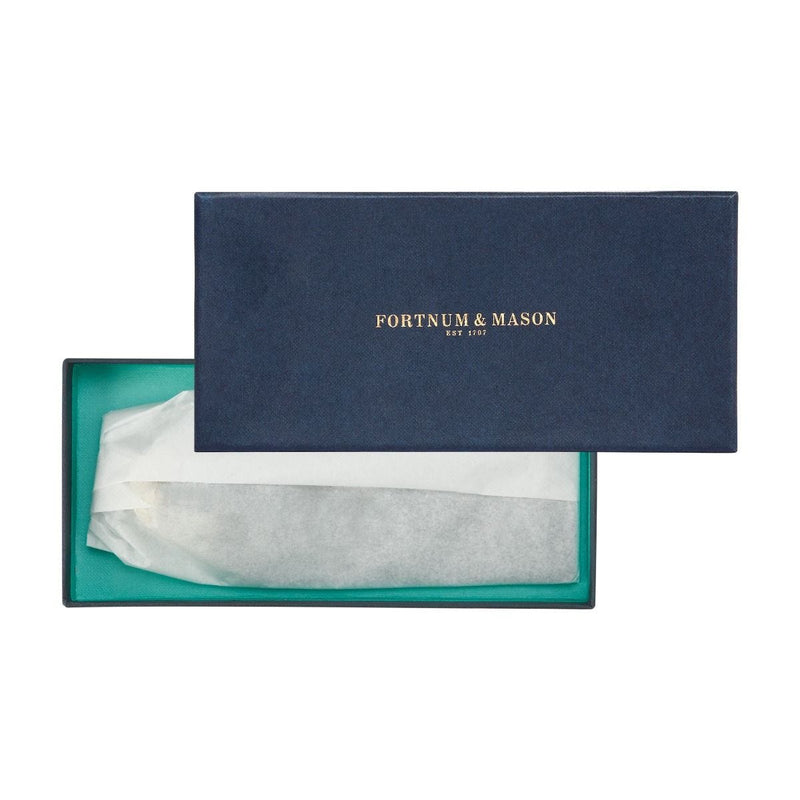 Fortnum's navy leather luggage tag, imported from the UK