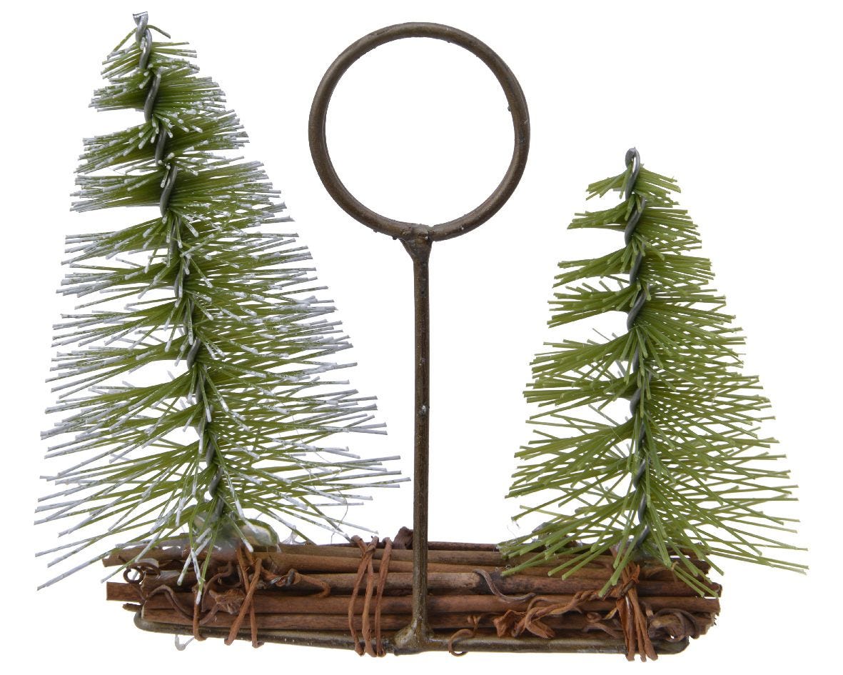 Pine tree snowy placecard holder with two trees, imported from the UK