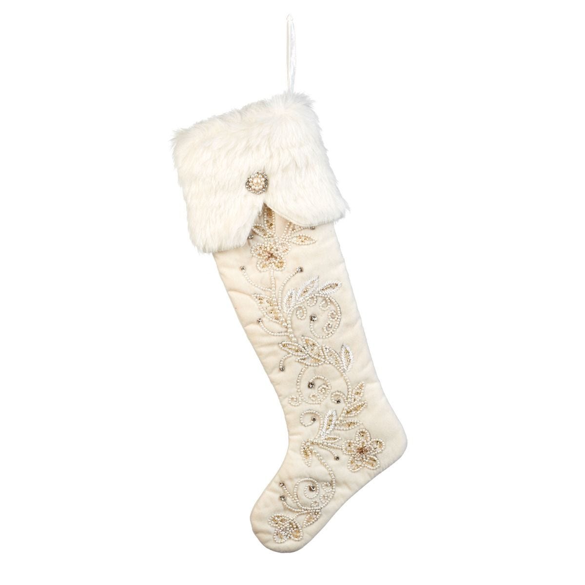 White embellished fur Christmas stocking, UK version