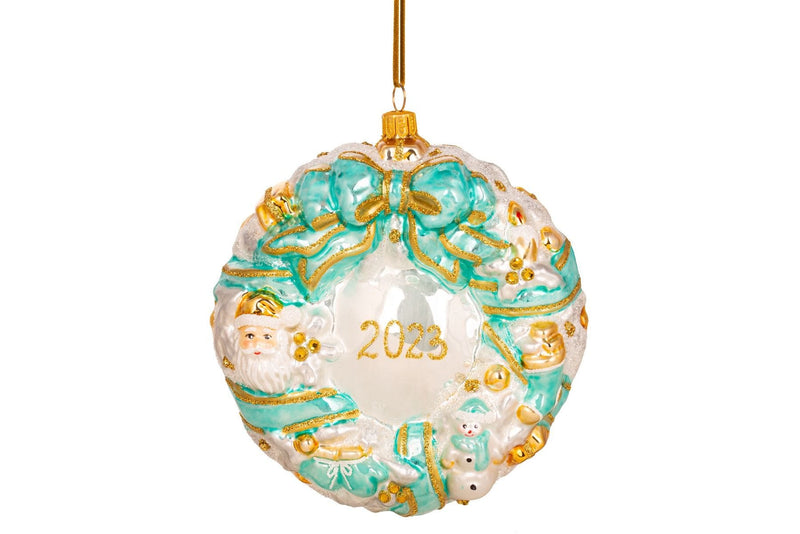 Turquoise mouth-blown glass wreath decoration 2023, imported from the UK