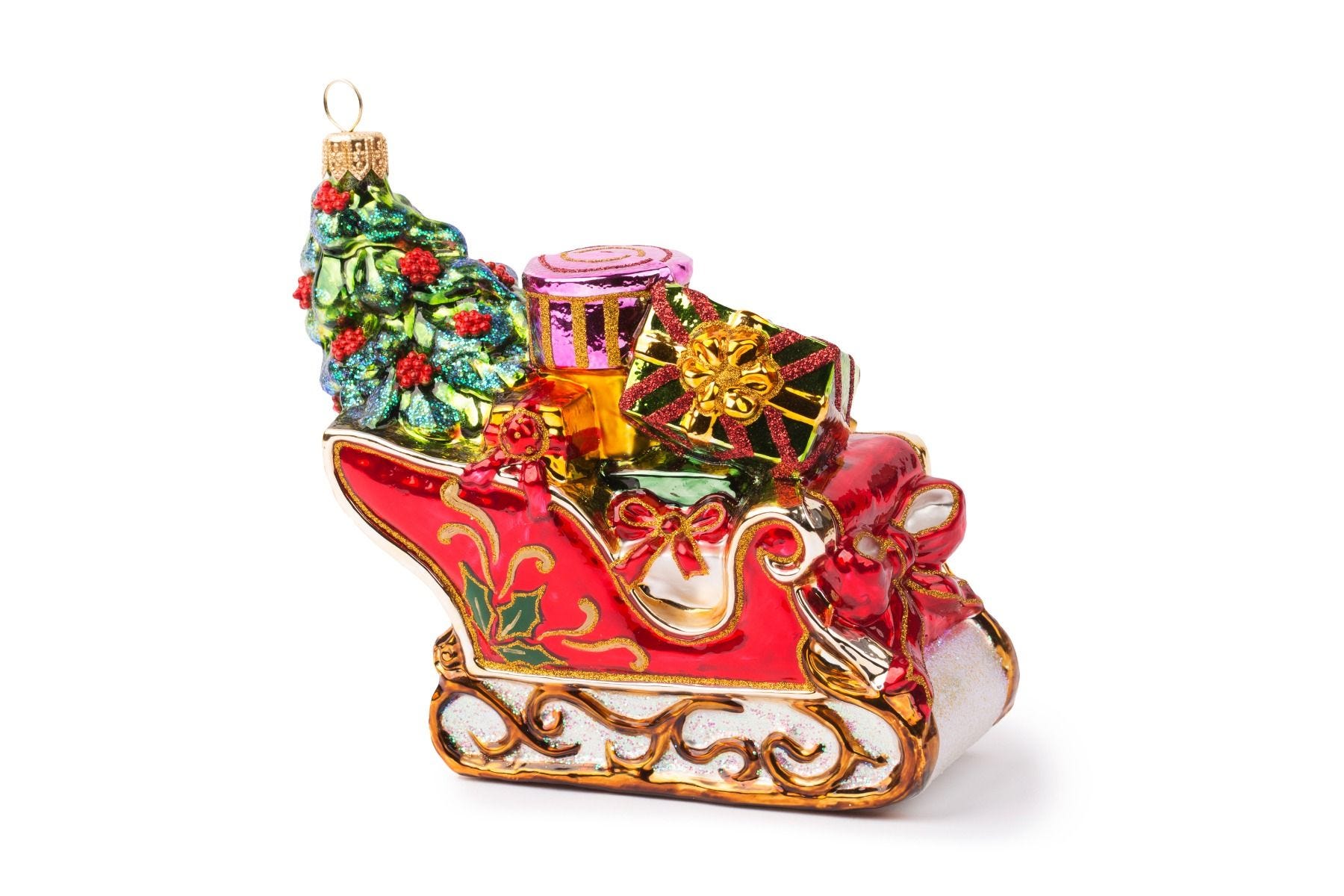 Christmas sleigh ornament with gifts and tree, 13cm, (British brand)