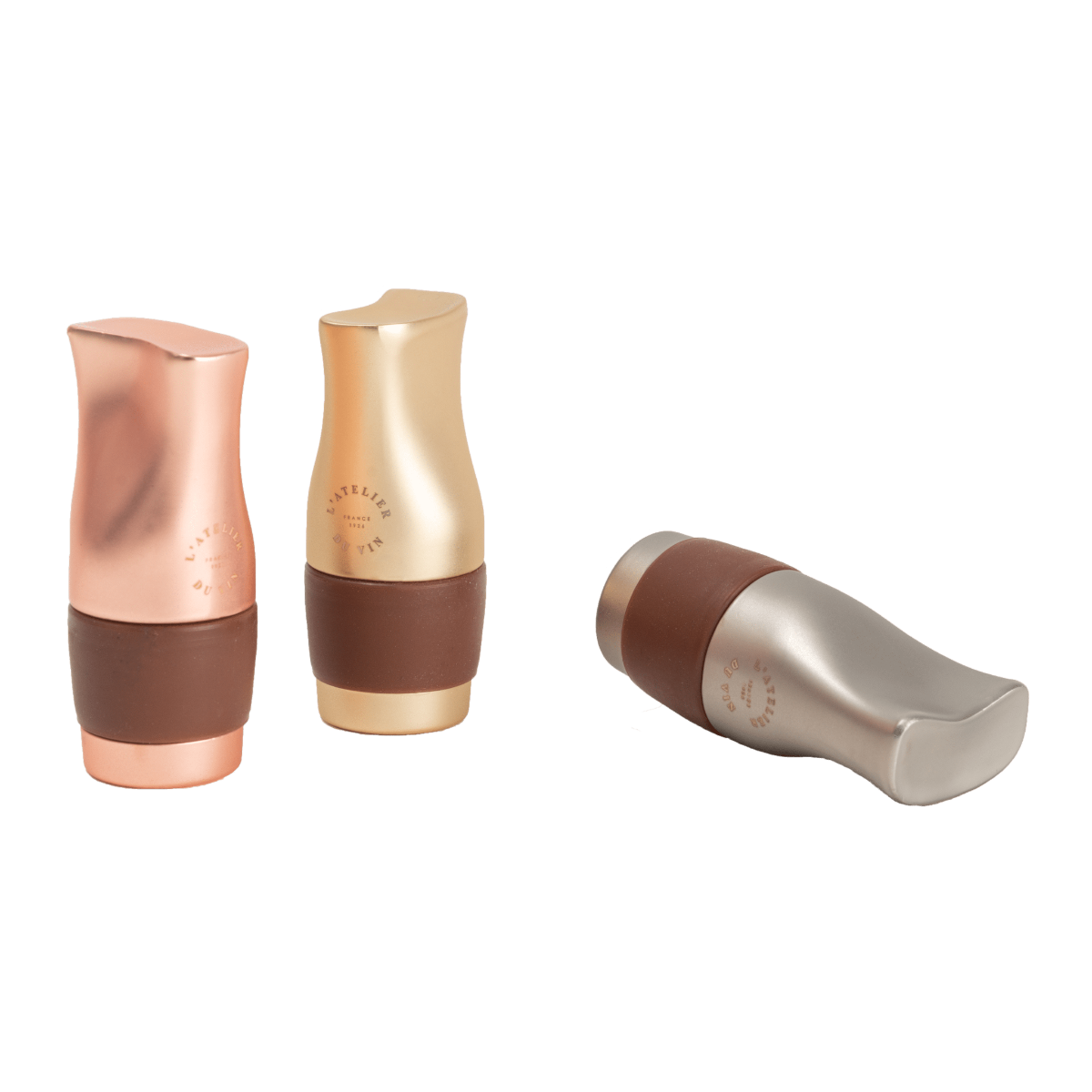 L'Atelier du Vin set of 3 wine stoppers pink silver gold (British brand)