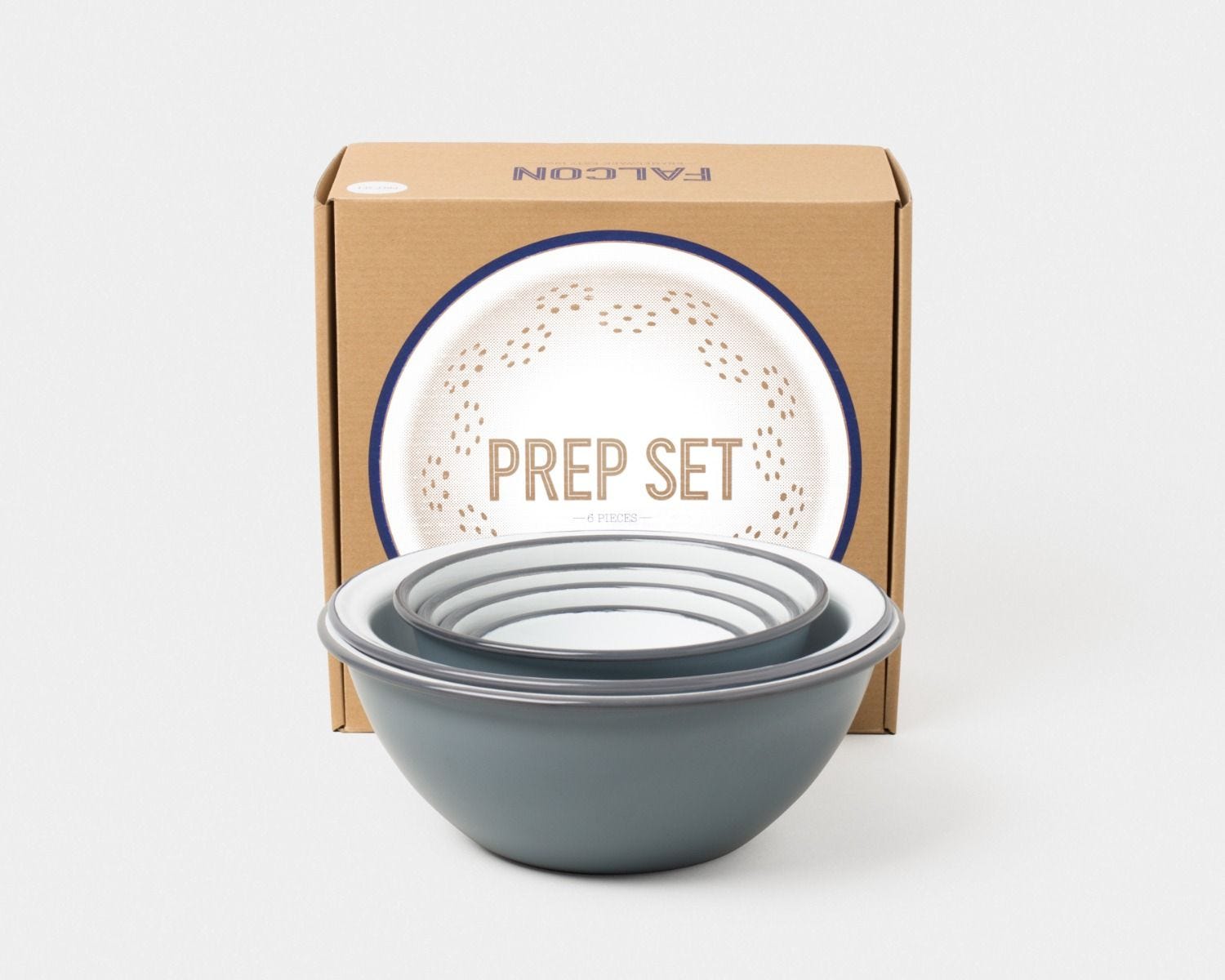 Falcon Enamelware six-piece prep set in grey, imported from the UK