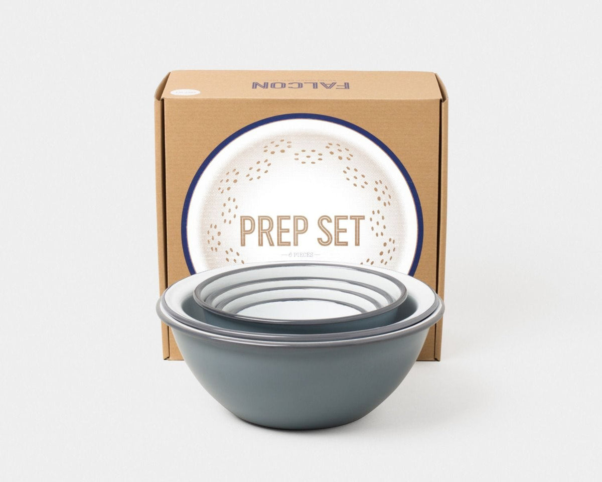 Falcon Enamelware six-piece prep set in grey, imported from the UK