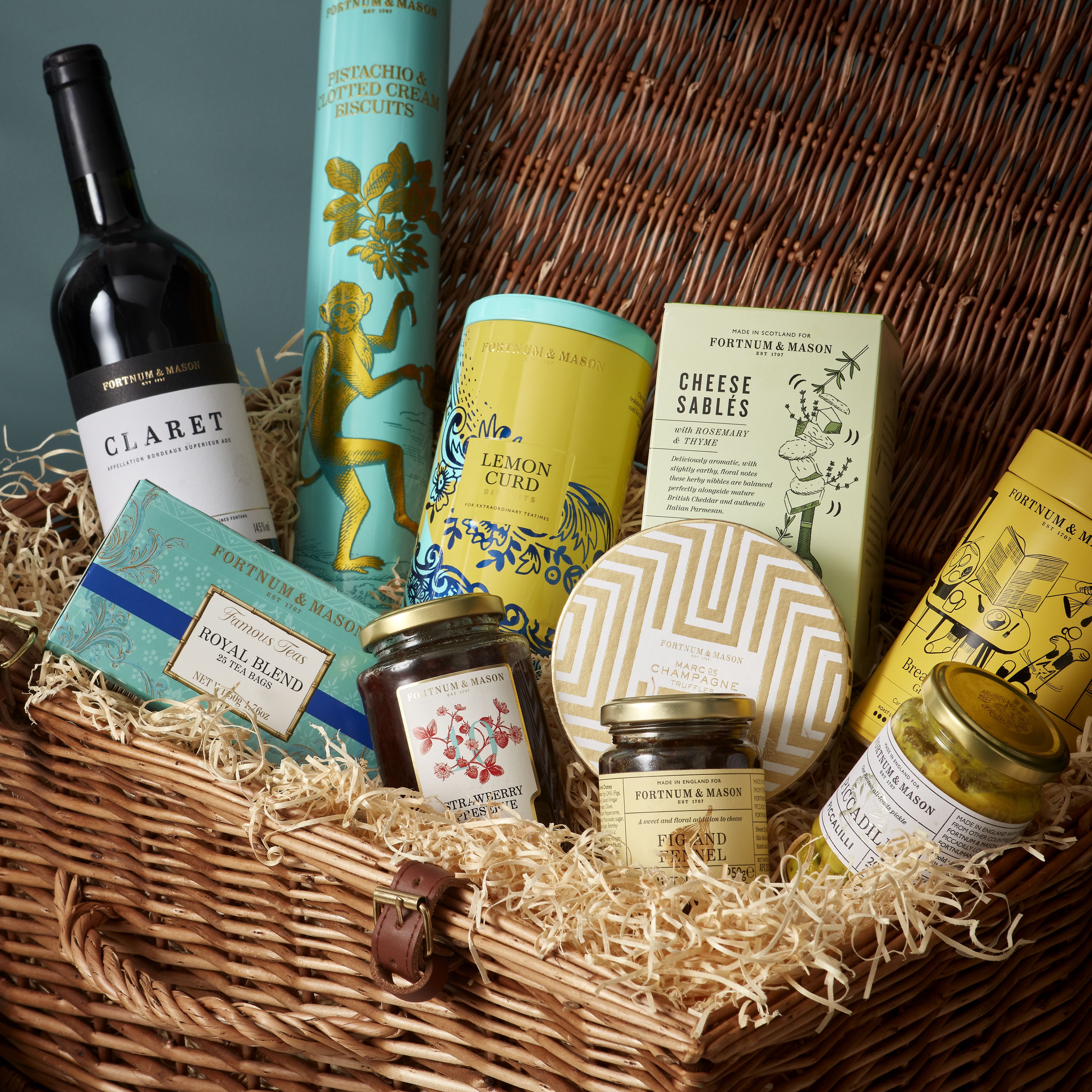 Fortnum and Mason wicker gift hamper with teatime treats - British product