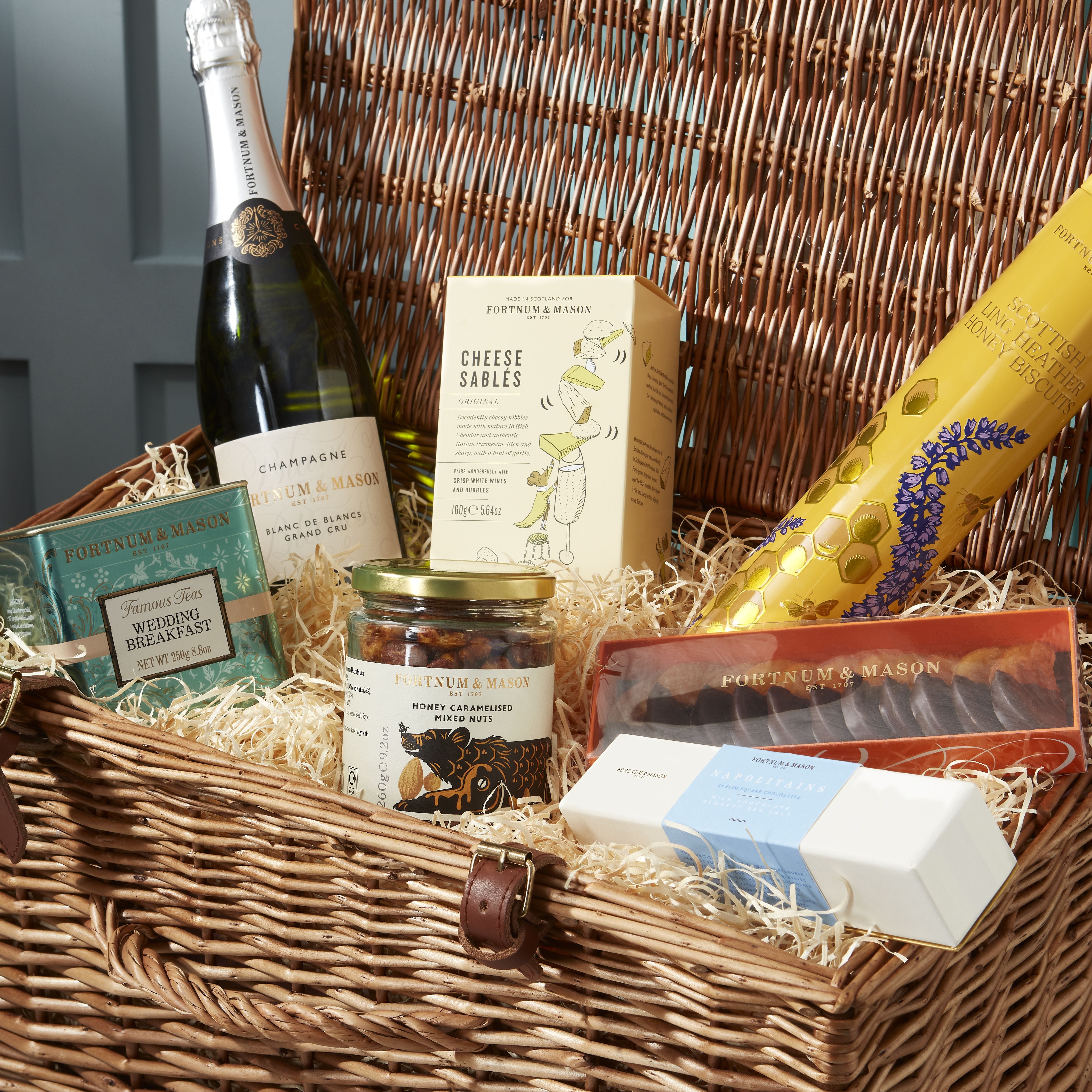 Wedding Day Hamper wicker basket with Champagne and biscuits (British brand)
