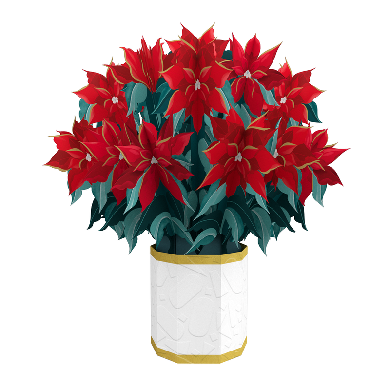 Origamo red poinsettia bouquet pop-up Christmas card, UK version