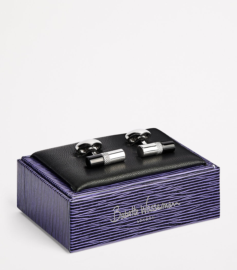 Babette Wasserman rhodium-plated stone bar cufflinks with onyx tips, imported from the UK