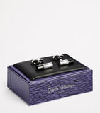 Babette Wasserman rhodium-plated stone bar cufflinks with onyx tips, imported from the UK
