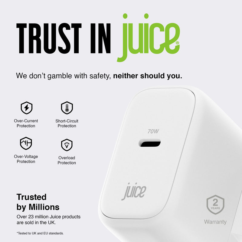 Juice 70W USB-C laptop charger with 2m cable, British brand