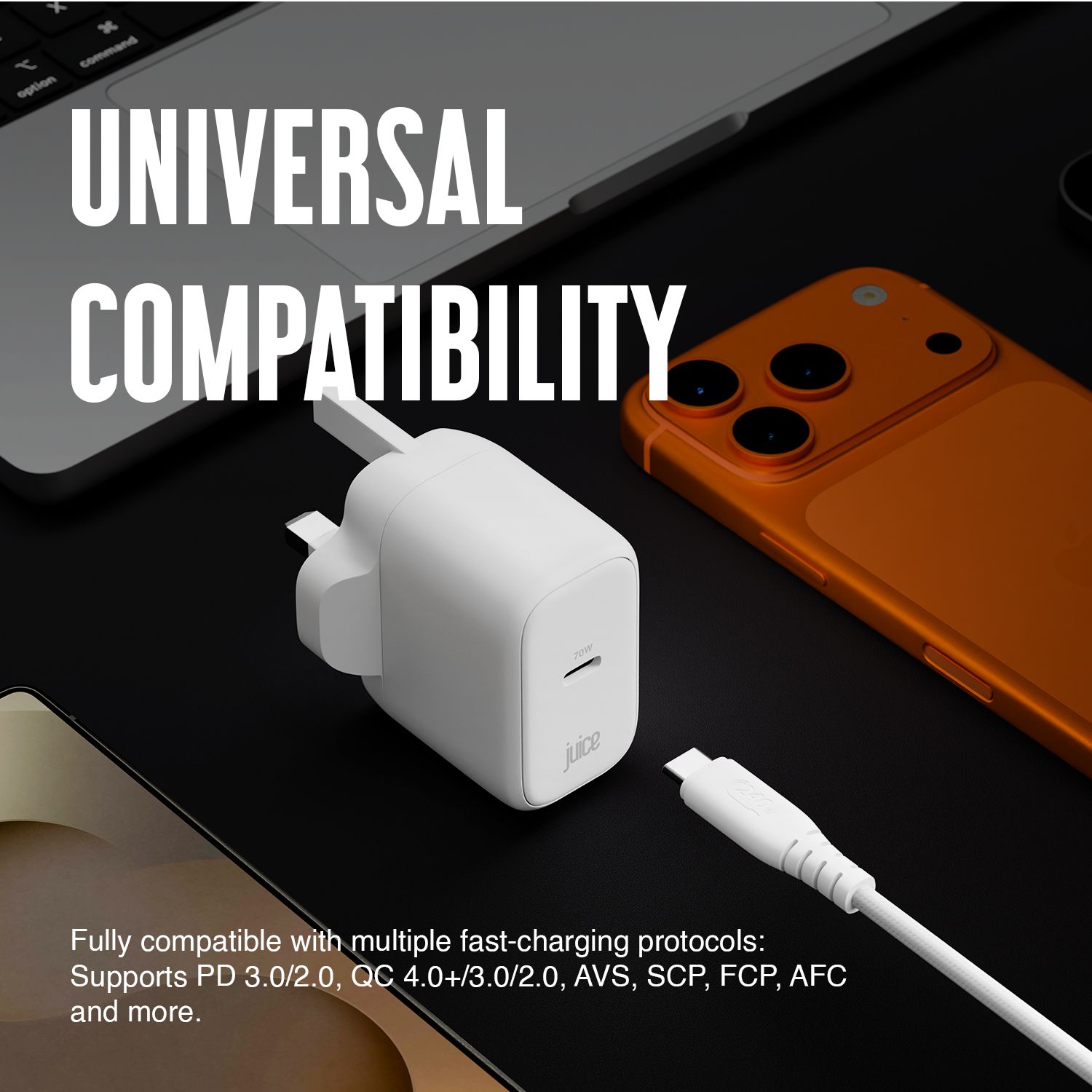 Juice 70W USB-C laptop charger with 2m cable, British brand