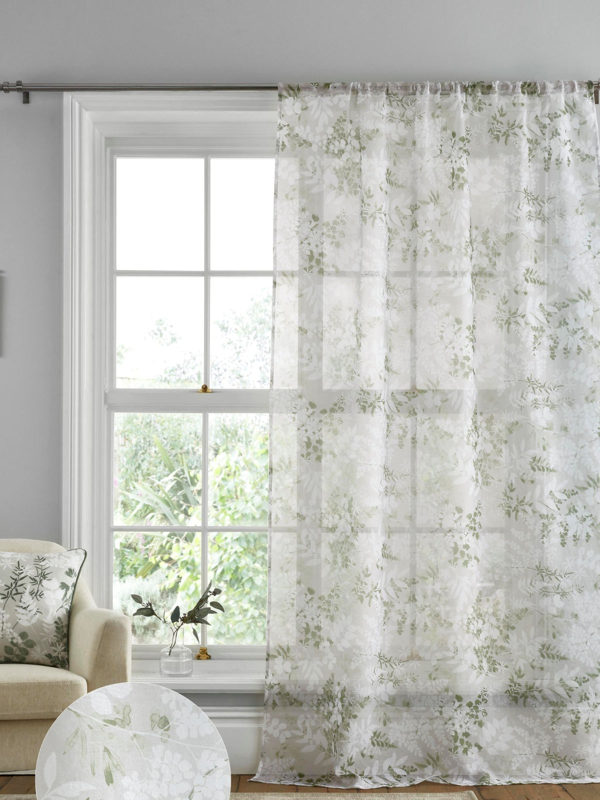 Dreams & Drapes Green Tiverton voile panel 140cm x 122cm, imported from the UK