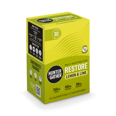 Holland & Barrett Hunter & Gather Restore Electrolytes Lemon & Lime Electrolyte Powder Sachets 30 x 5.1g- Buy online at McGrocer