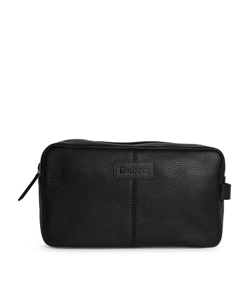 Barbour leather travel wash bag with grab handle and exterior pocket - British product