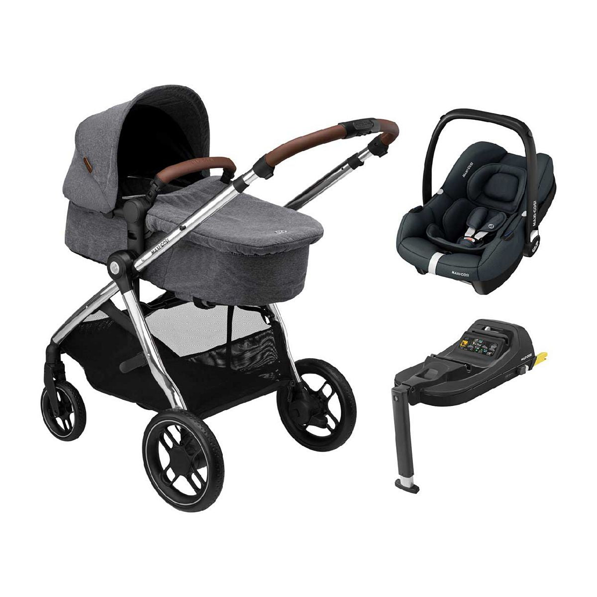 Maxi-Cosi Zelia3 Luxe Travel System with Car Seat Base Twillic Grey GOODS Boots   