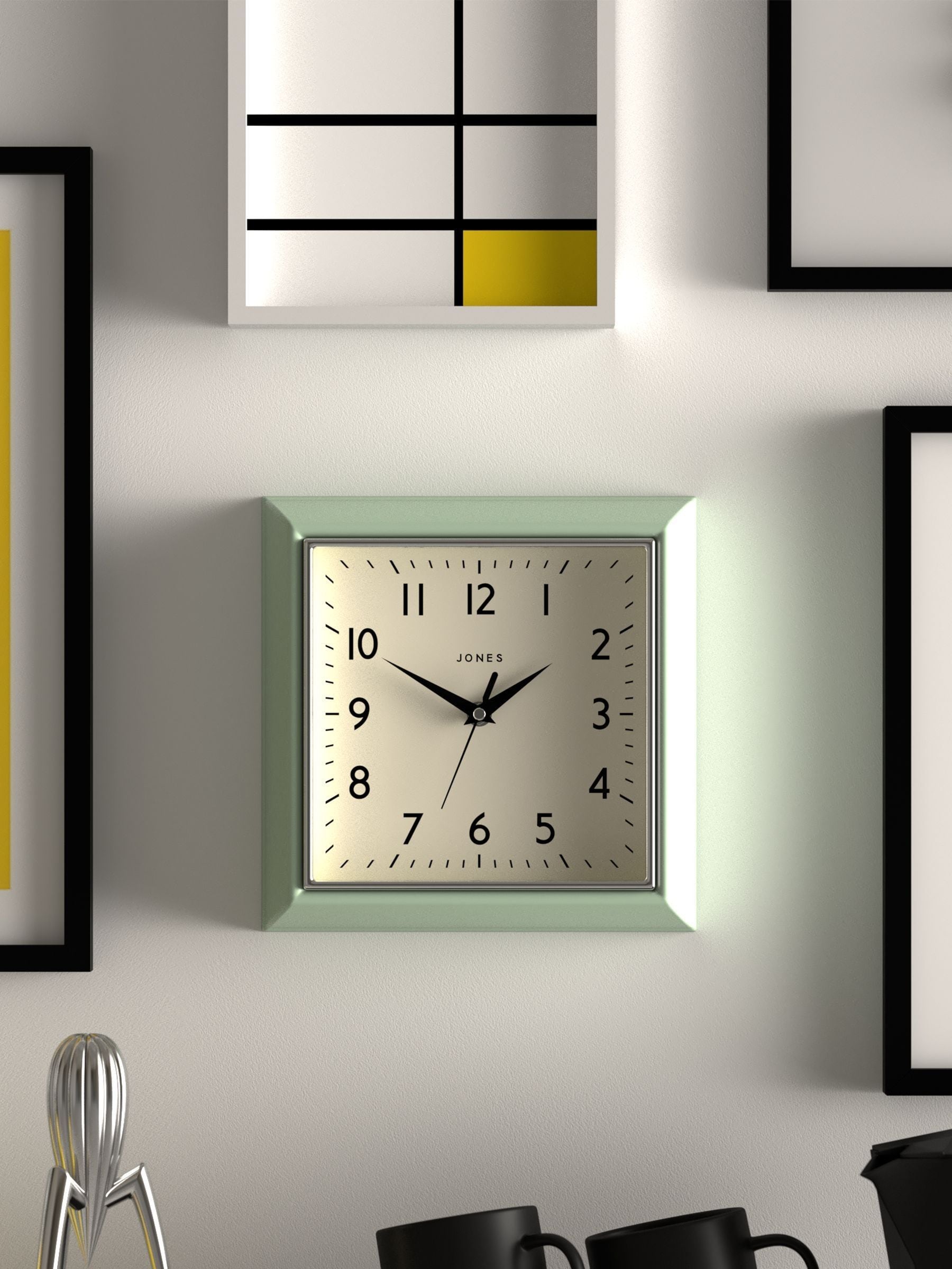 Jones Clocks Yellow A Retro Square Wall Clock, UK version