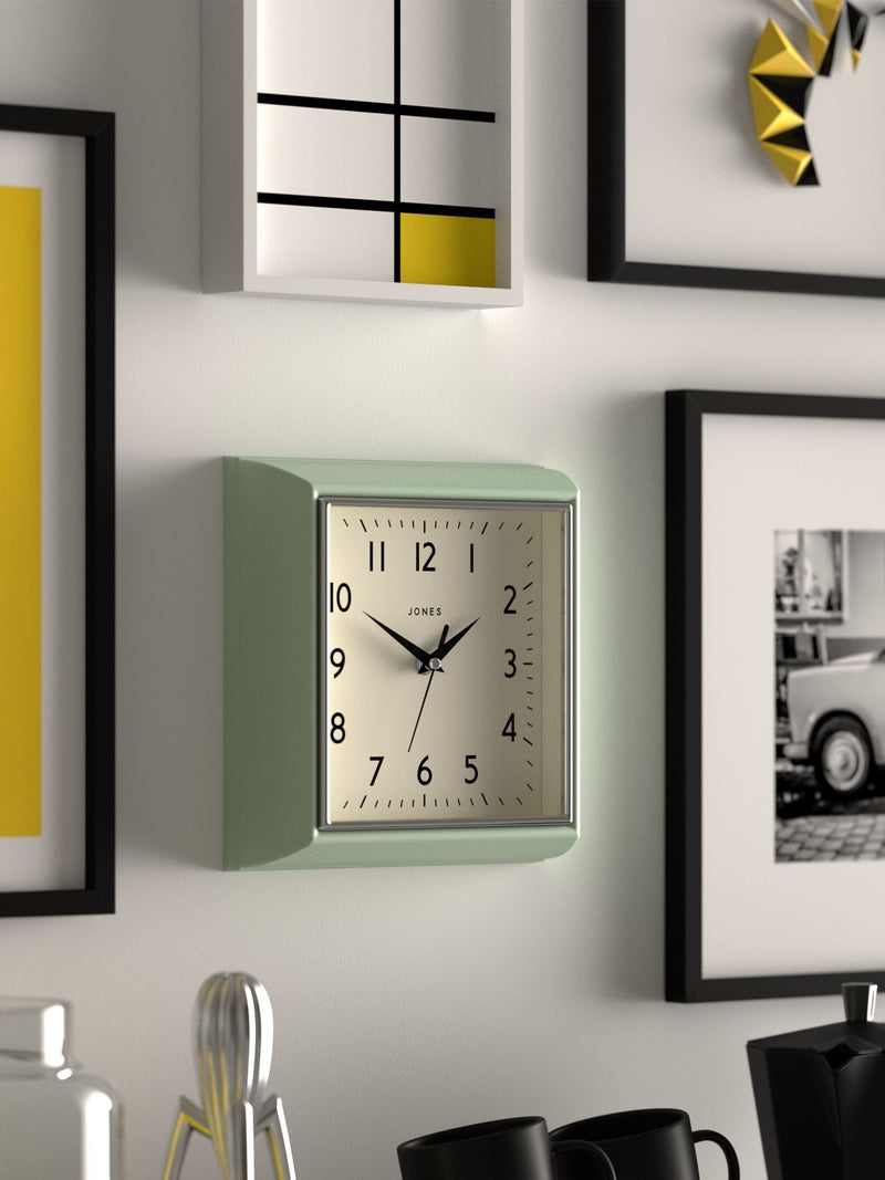Jones Clocks Yellow A Retro Square Wall Clock, UK version