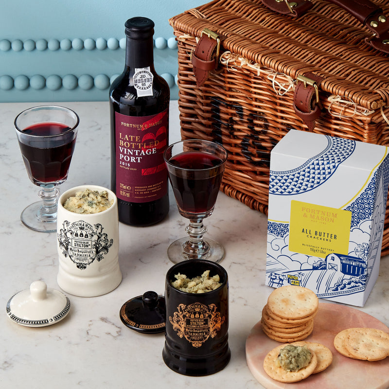 Port and Stilton hamper with port wine and Stilton cheeses, UK version