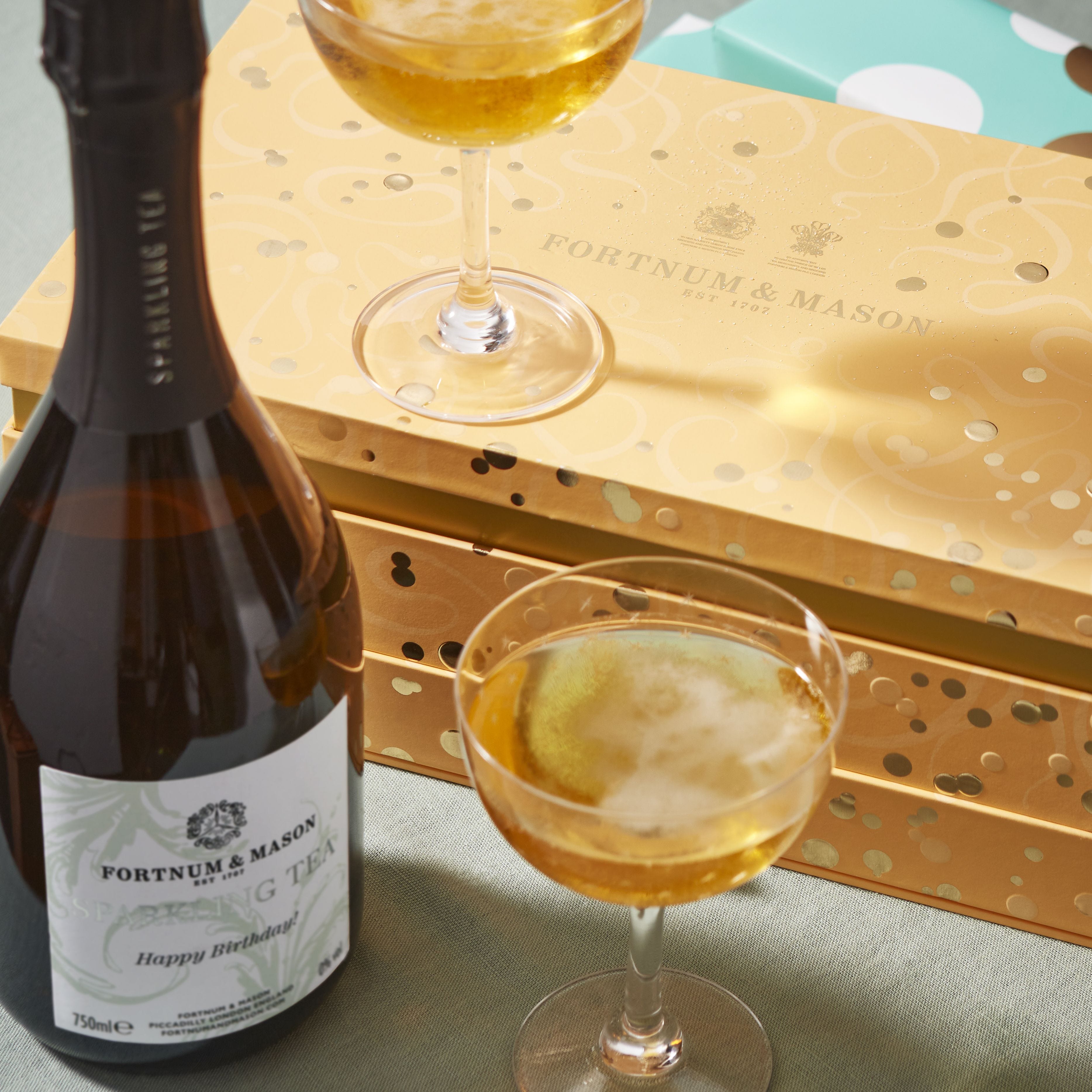 Fortnum's sparkling tea celebration box with chocolate truffles, imported from the UK