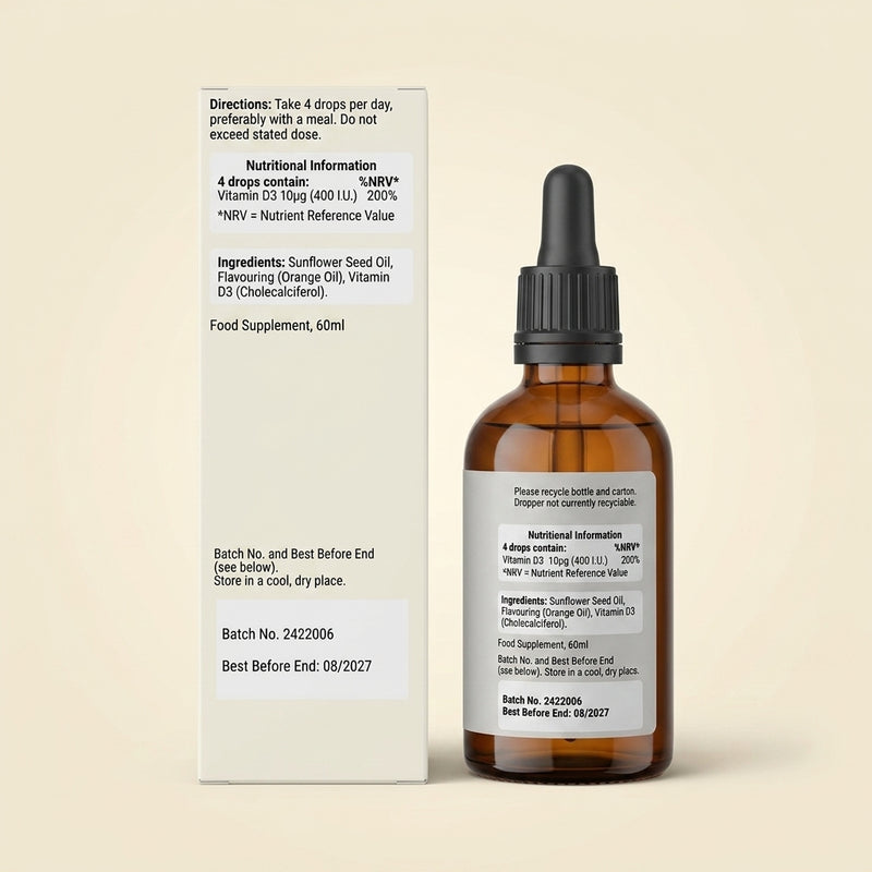 Holland & Barrett Vitamin D liquid drops orange-flavoured, imported from the UK