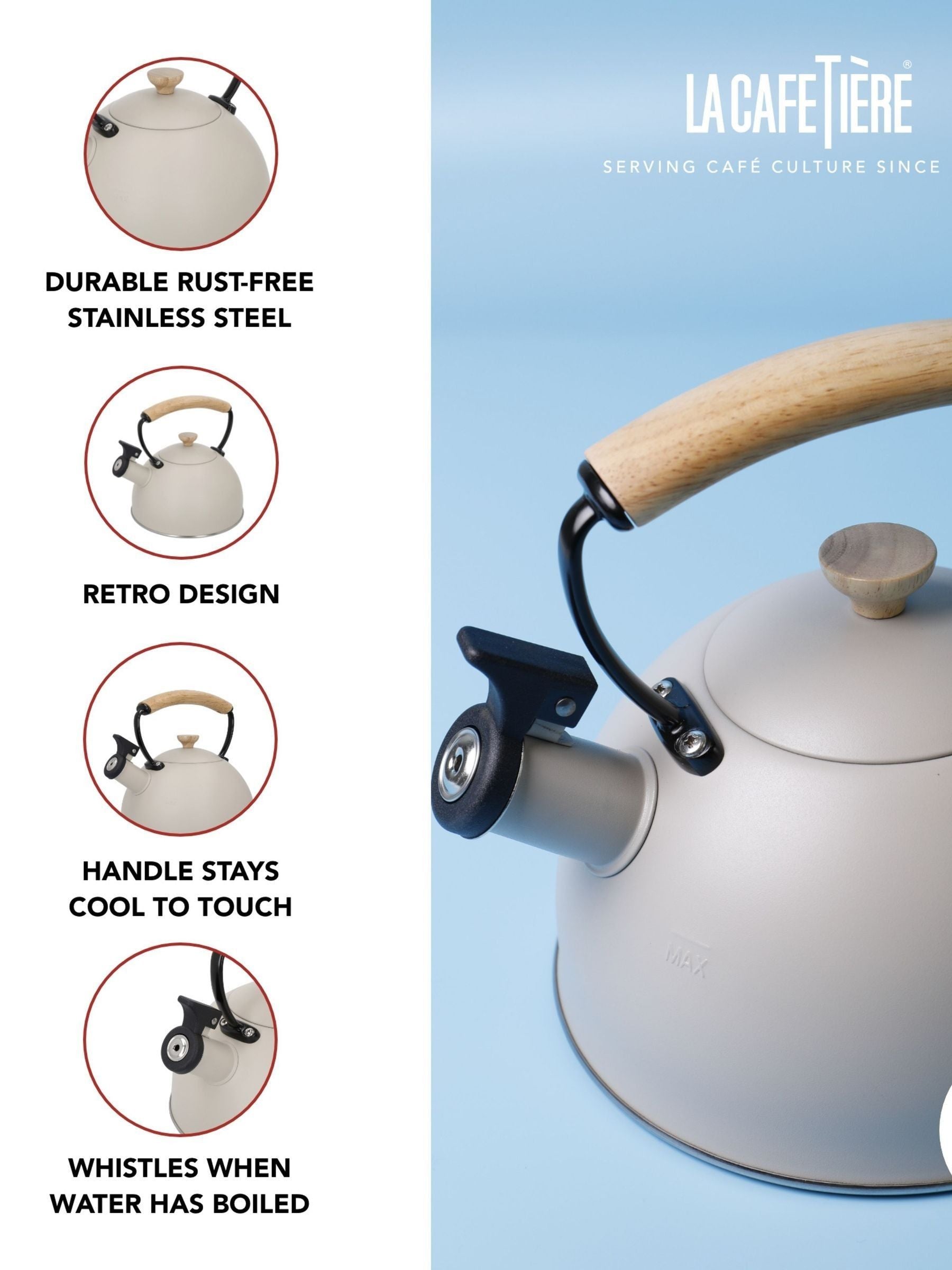 La Cafetiere cream whistling kettle 16L, UK version