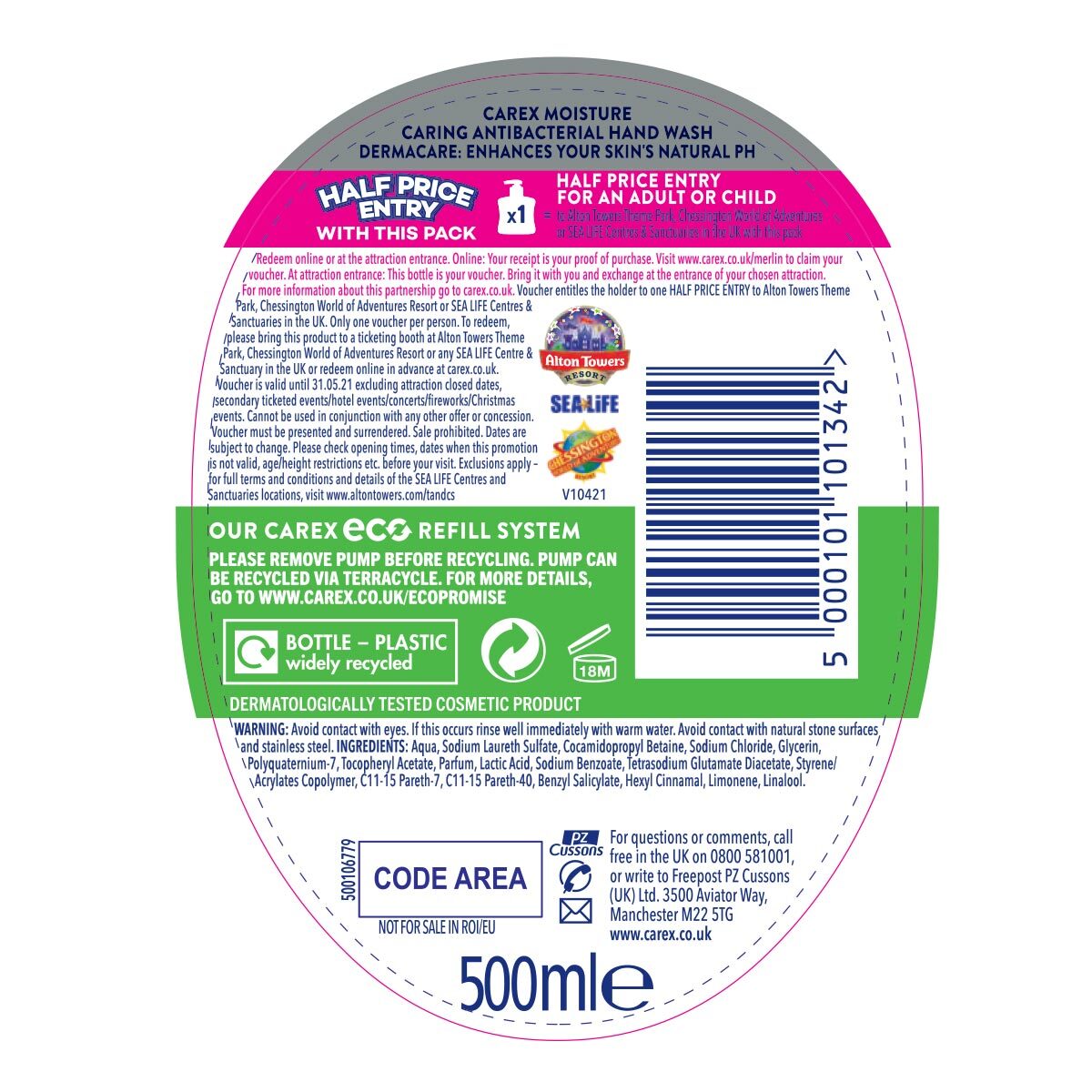 Carex antibacterial liquid hand wash 6 x 500ml - British product