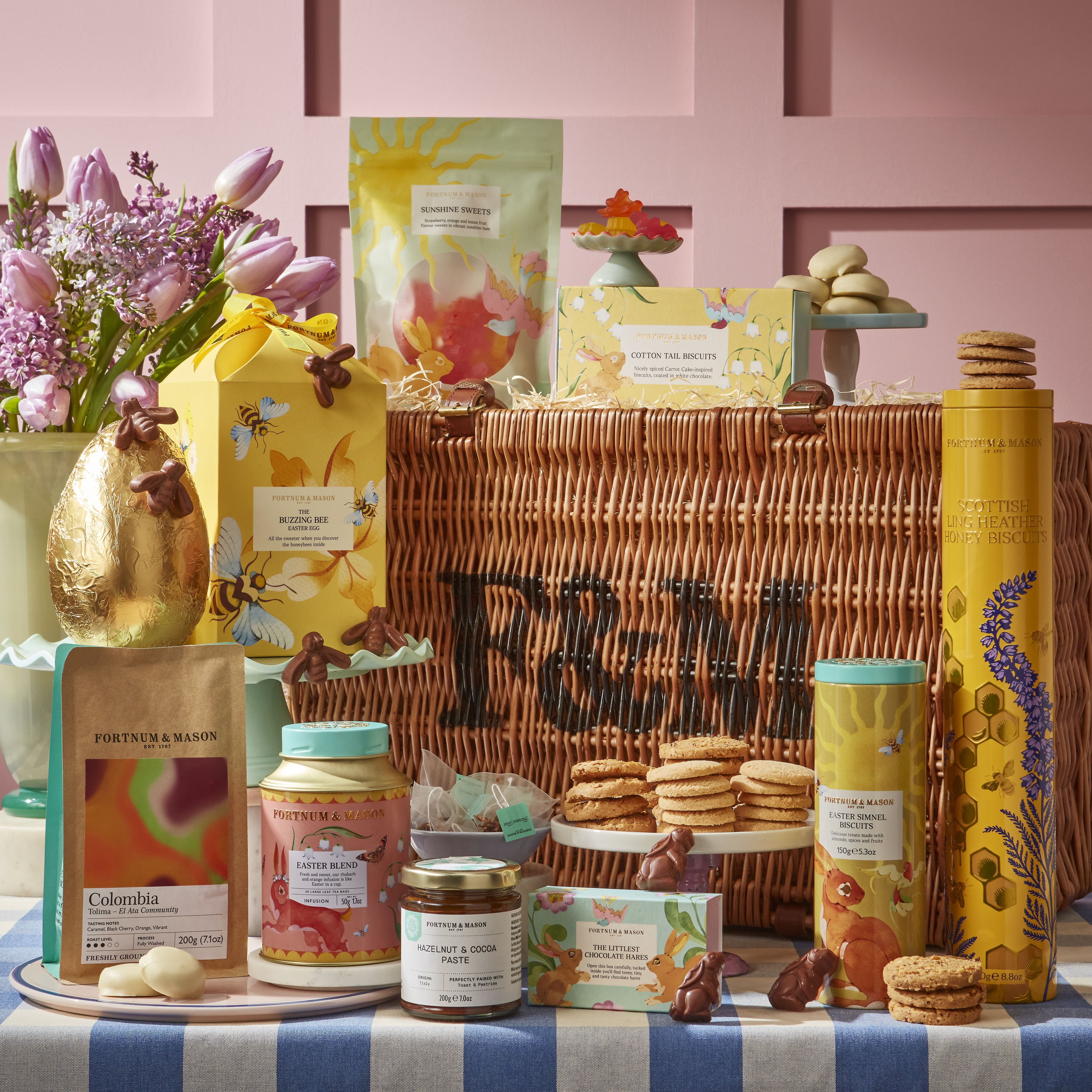 Easter hamper with tea, coffee, biscuits and chocolate - British product