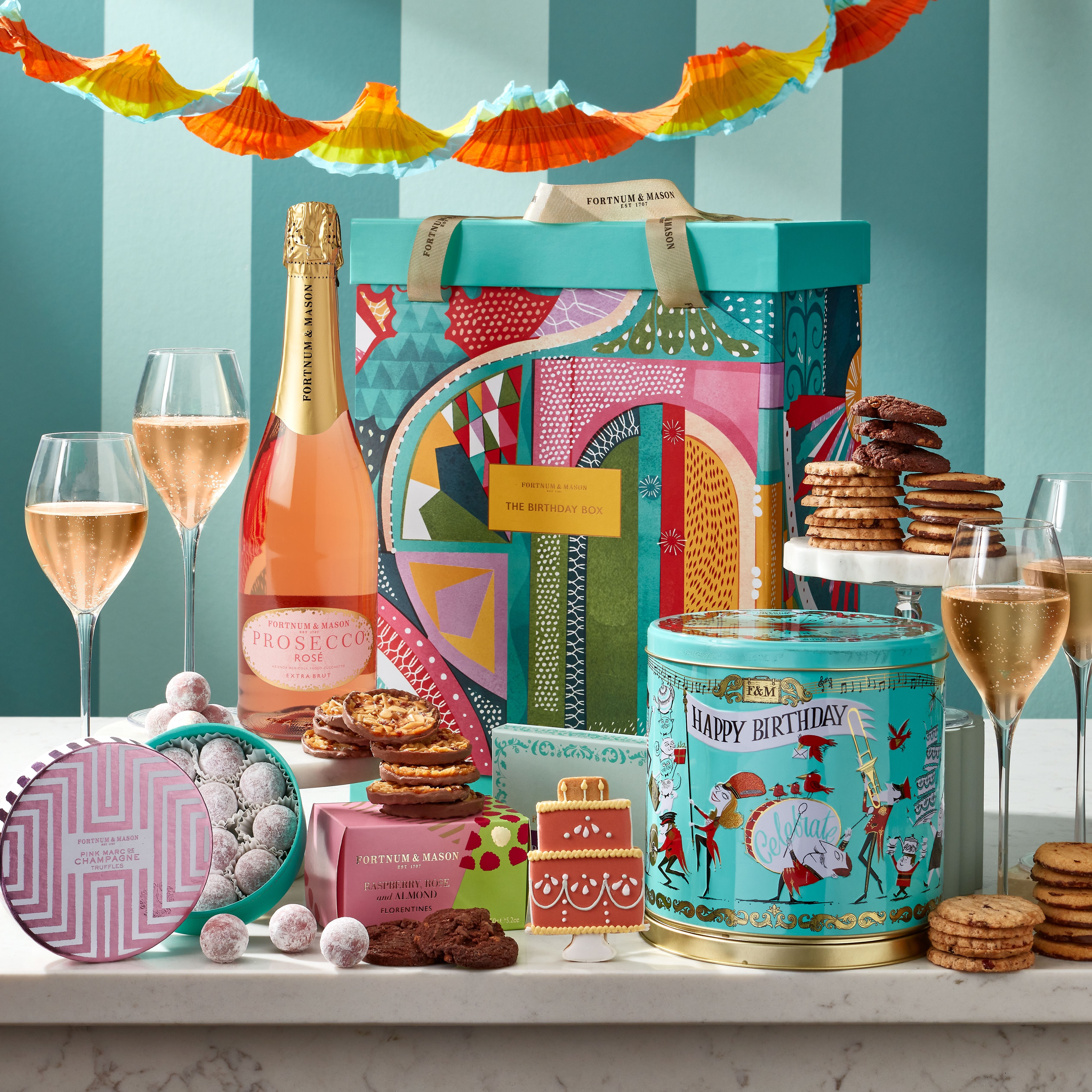 Fortnum's sparkling birthday gift box with prosecco and biscuits, UK version