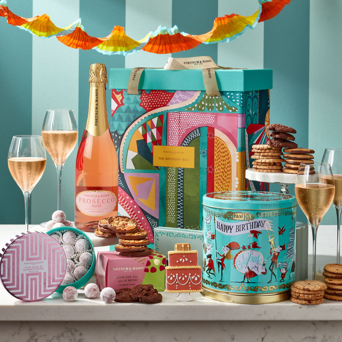 Fortnum's sparkling birthday gift box with prosecco and biscuits, UK version