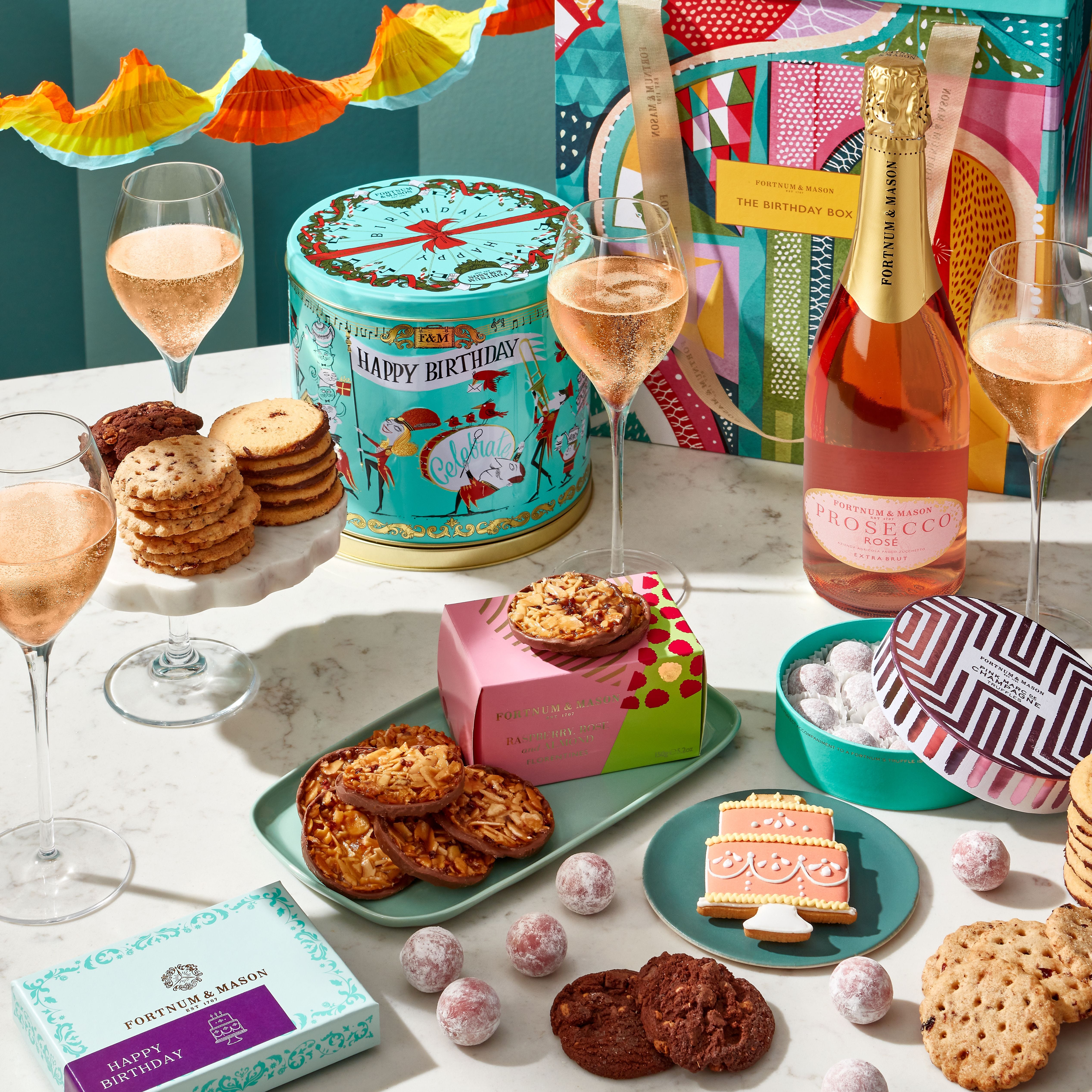 Fortnum's sparkling birthday gift box with prosecco and biscuits, UK version