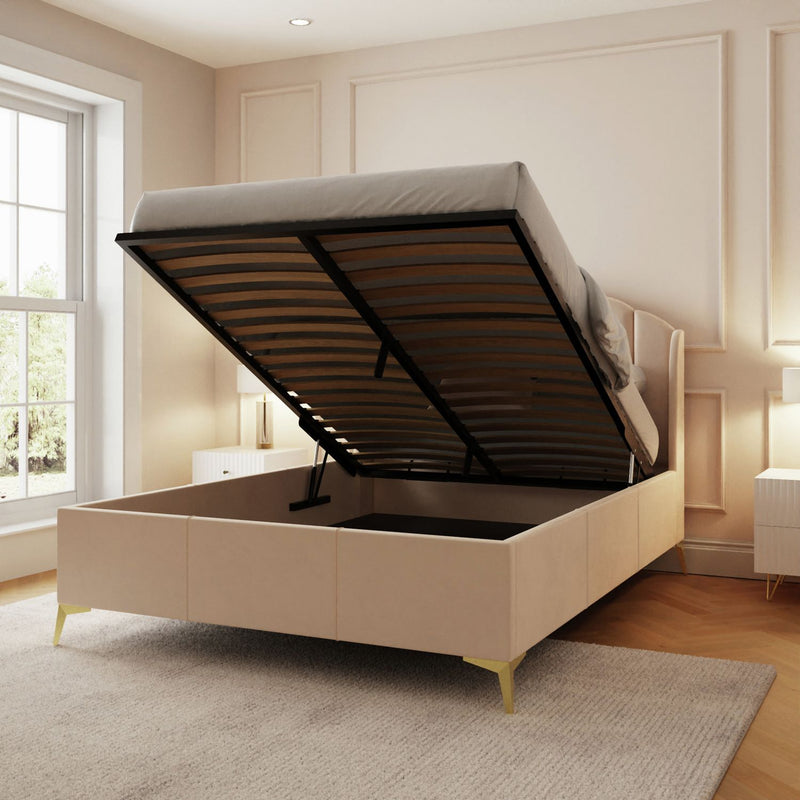 GFW Pettine Kingsize Velvet Ottoman Bed Frame - Cream
