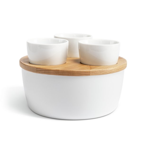 Sebastian Conran chip and dip set porcelain bowl beech lid (British brand)