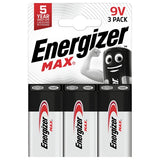 Energizer Max alkaline 9V batteries pack of 3 - British product